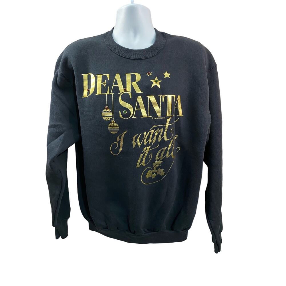 VTG Air Waves Inc Sweater XL Black Light up ornaments Christmas Dear Santa  1989
